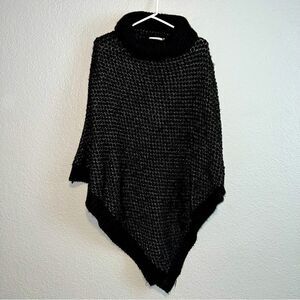 Calvin Klein Womens Chunky Knit Tinsel Turtle Neck Sweater Poncho Black One Size